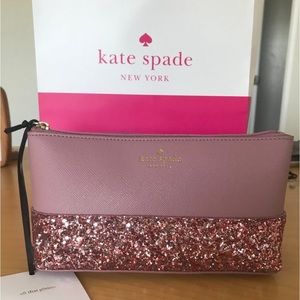 Kate Spade Greta court glitter cosmetic bag pink peony 💖 NWT